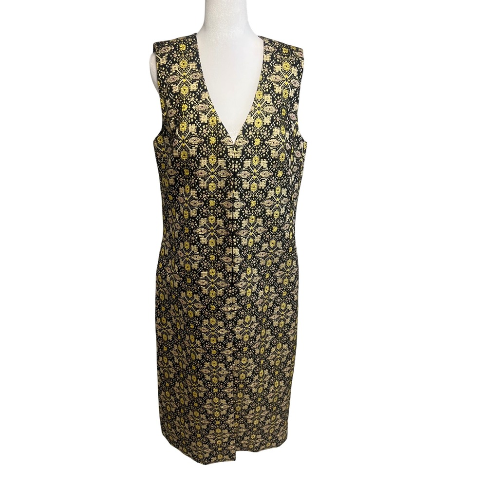 Vintage Brocade Metallic Black Gold Dress Sz S V-Neck Shift Cocktail Jacquard
